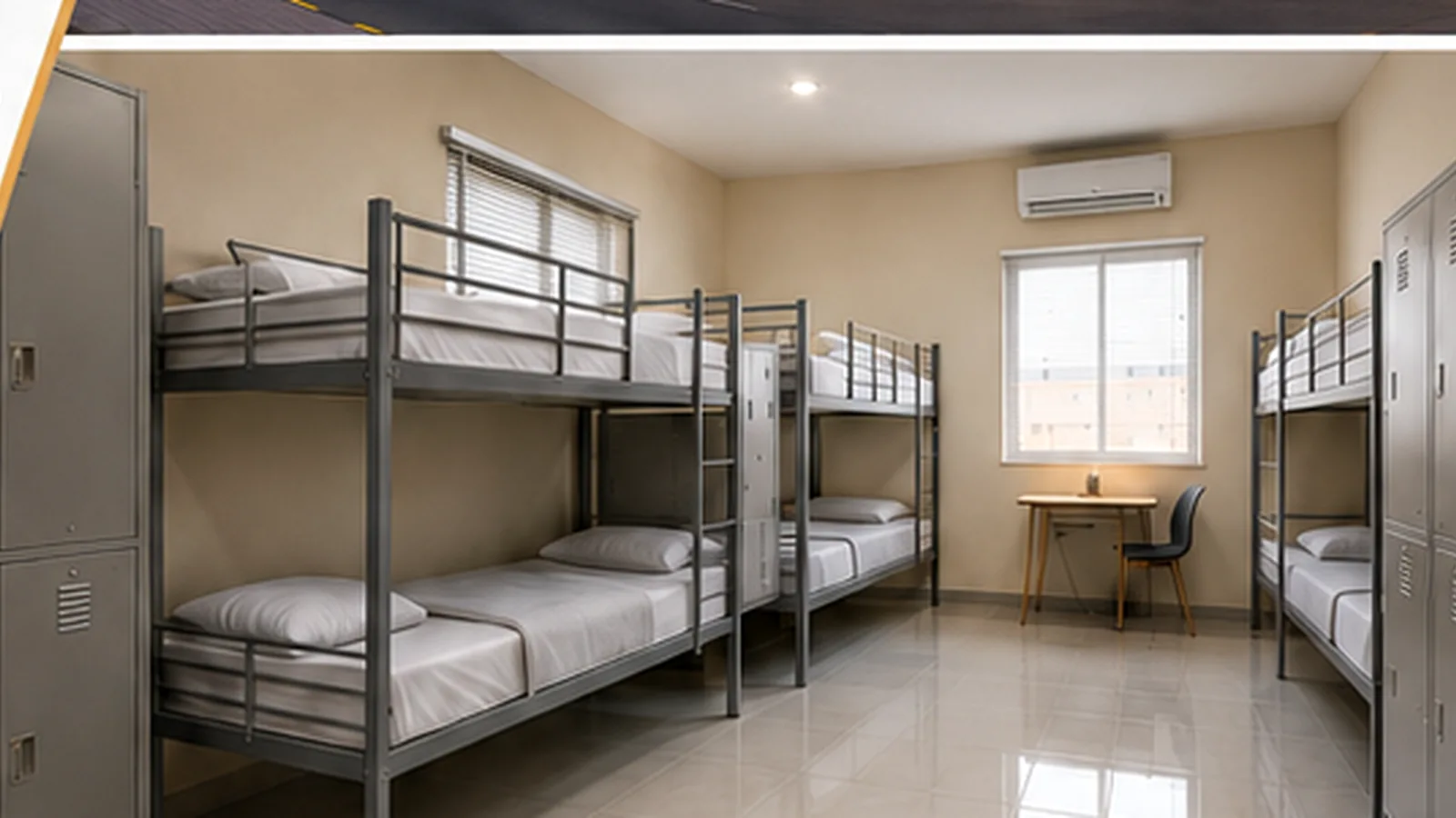 Furnished workforce accommodation room with bunk beds and storage